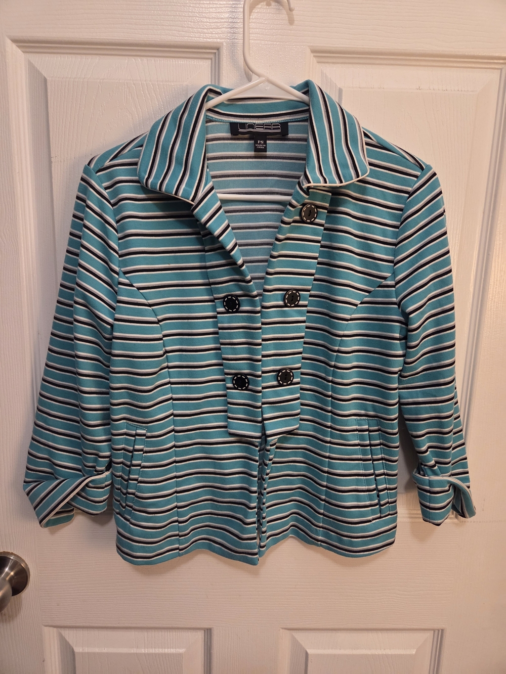 Striped Teal & White Ponte Blazer Jacket